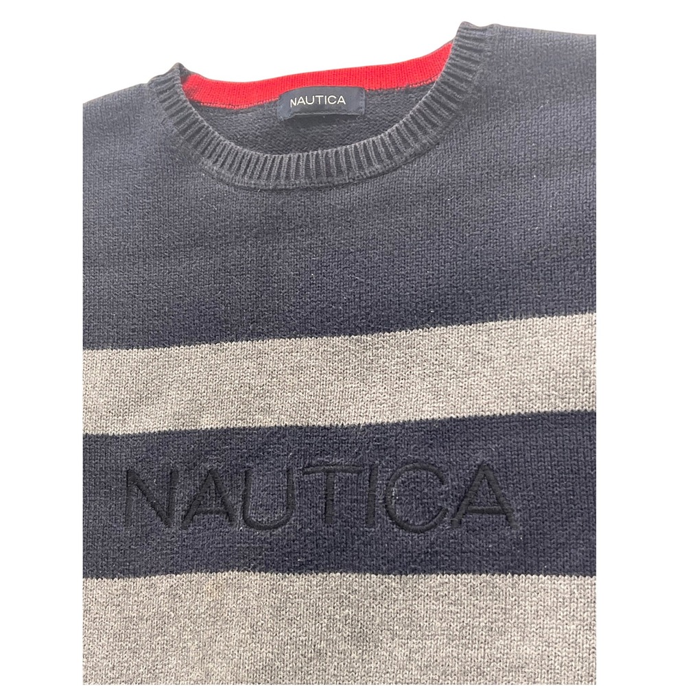 Nautica Men XL colorblock Gray Striped Cotton Sweater‎ Crew Neck 90s street wear